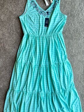 NWT Cabana Life Aqua Striped Embroidered V‑Neck Tiered Maxi Dress XL